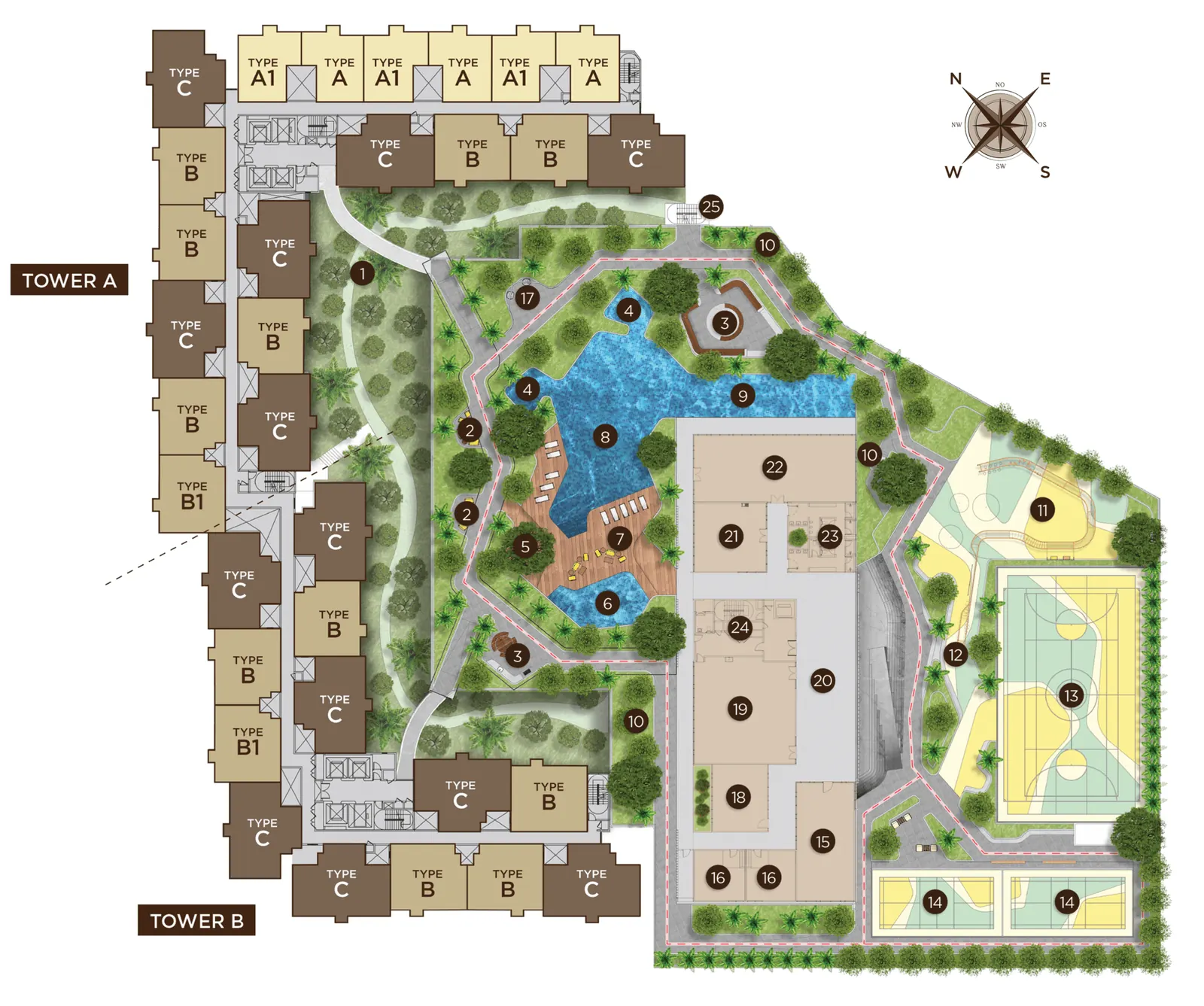 Amberwood Level 7 facilities deck plan showing pools, courts, gardens and function rooms