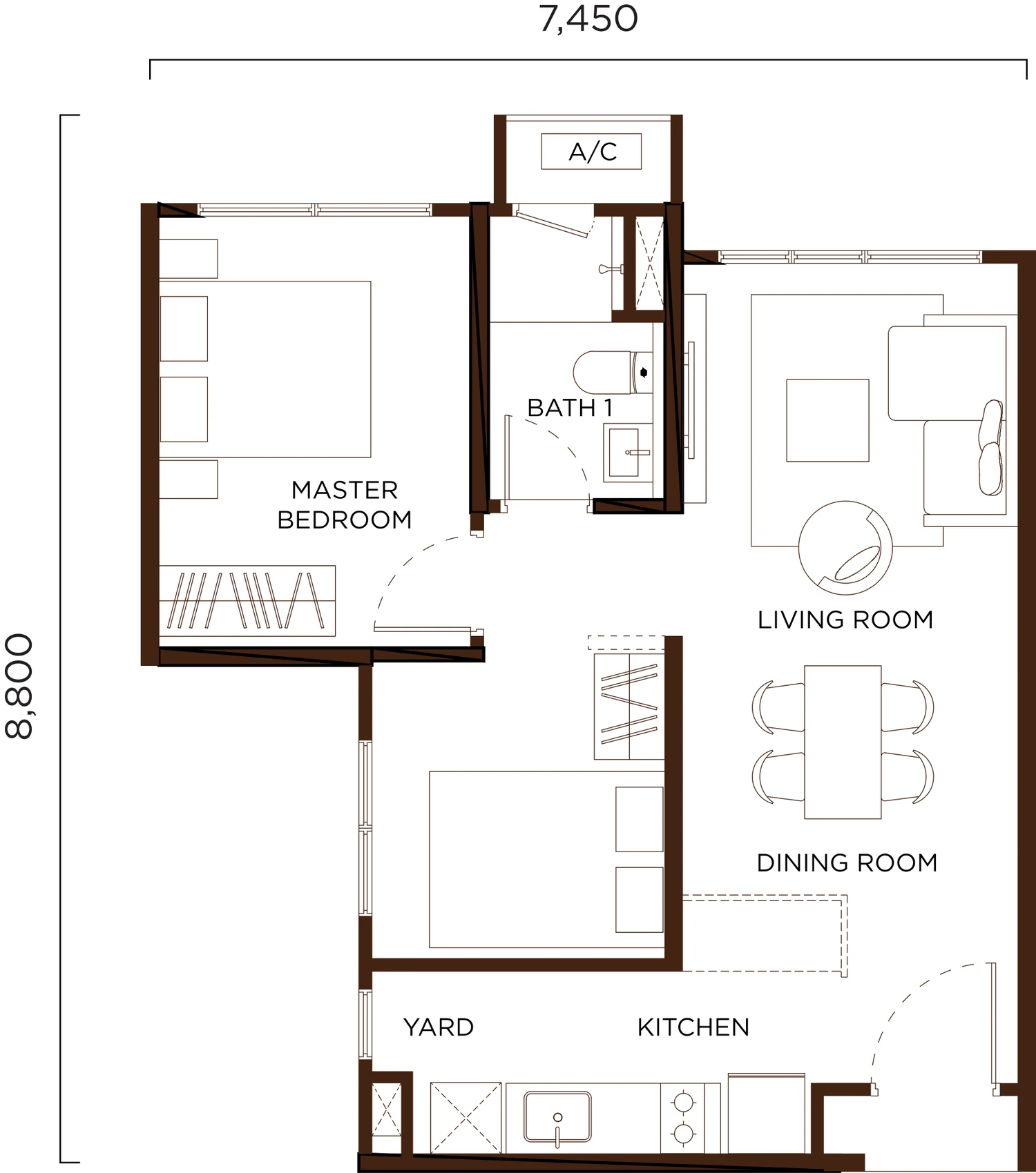 Amberwood Type A floor plan, 560 sqft, 1 bedroom plus flexible room and 1 bathroom