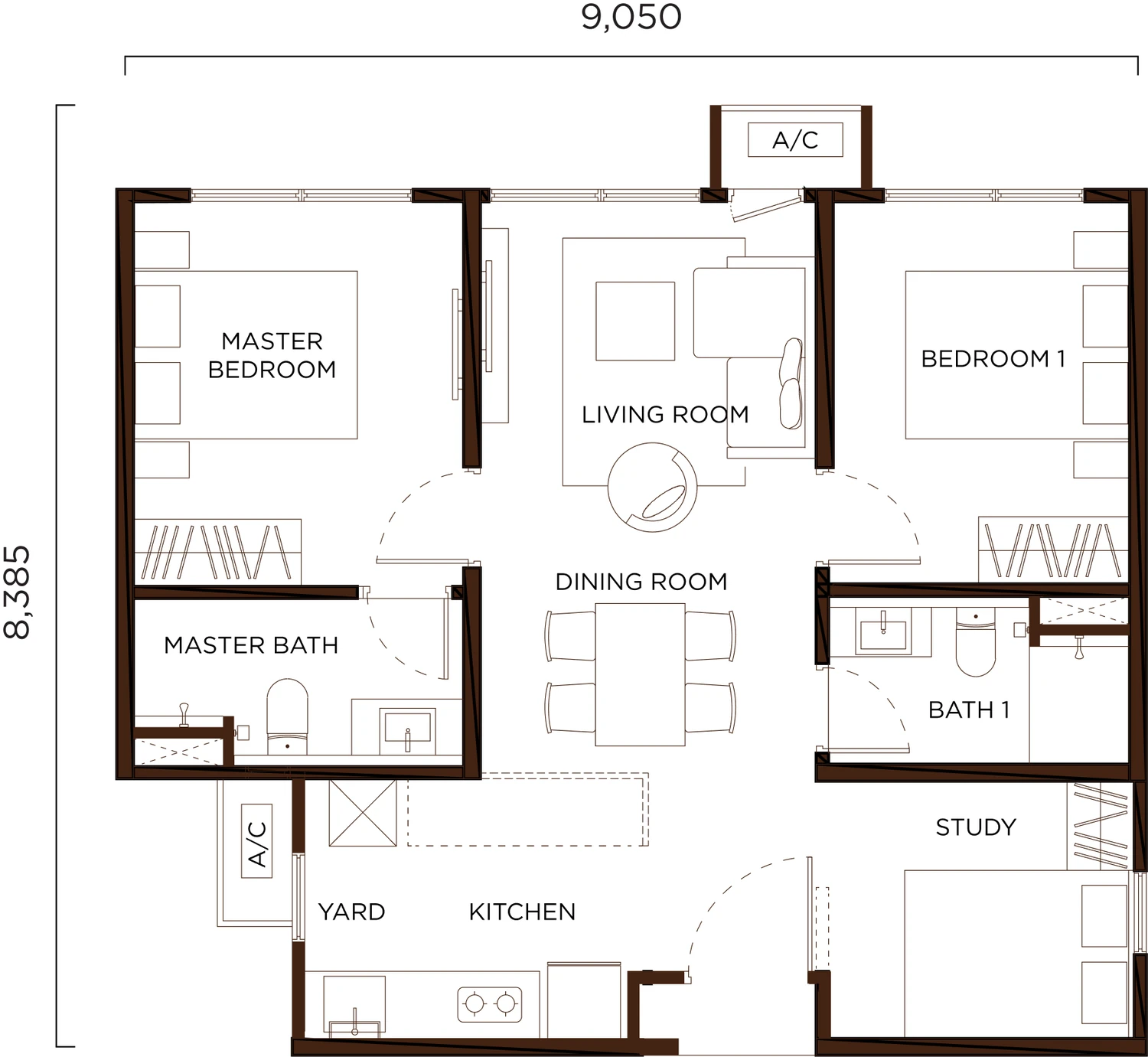 Amberwood Type B floor plan, 721 sqft, 2 bedrooms plus flexible room and 2 bathrooms