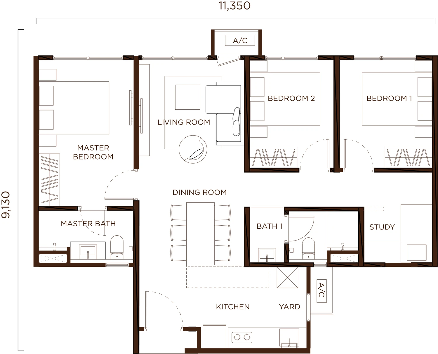 Amberwood Type C floor plan, 872 sqft, 3 bedrooms plus study and 2 bathrooms
