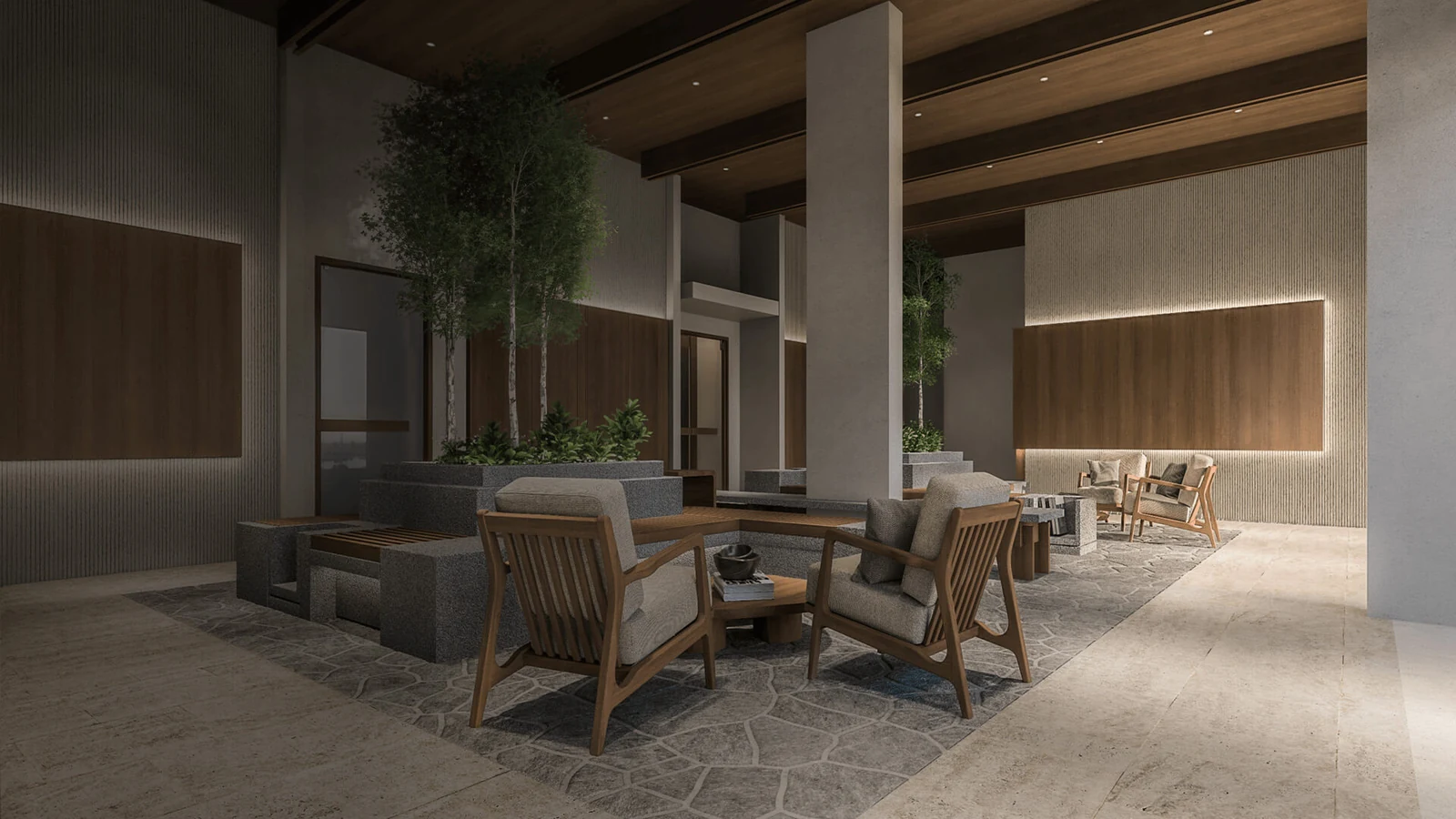 Amberwood open-air arrival lounge with timber screens, soft seating and planting
